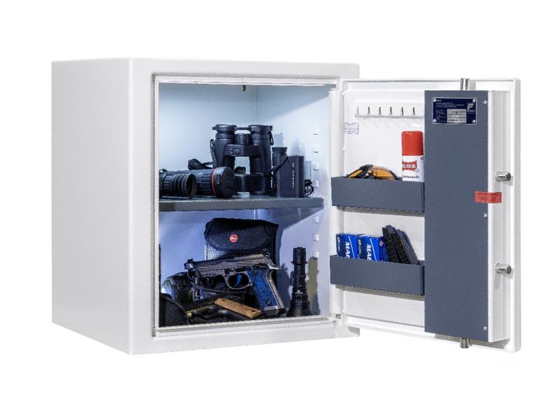 Liten, FG-godkjent safe for hjemmet med en hylle og 2 bokser. 